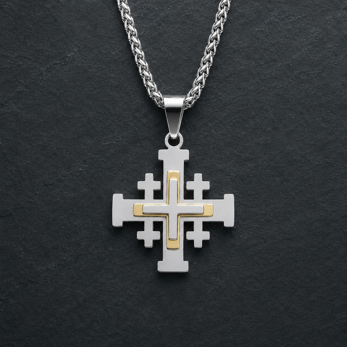 Collier de l’Ordre du Saint Sépulcre en acier inoxydable avec croix argentée et dorée sur fond anthracite