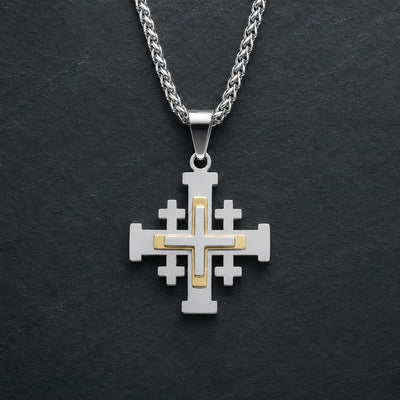 Collier de l’Ordre du Saint Sépulcre en acier inoxydable avec croix argentée et dorée sur fond anthracite