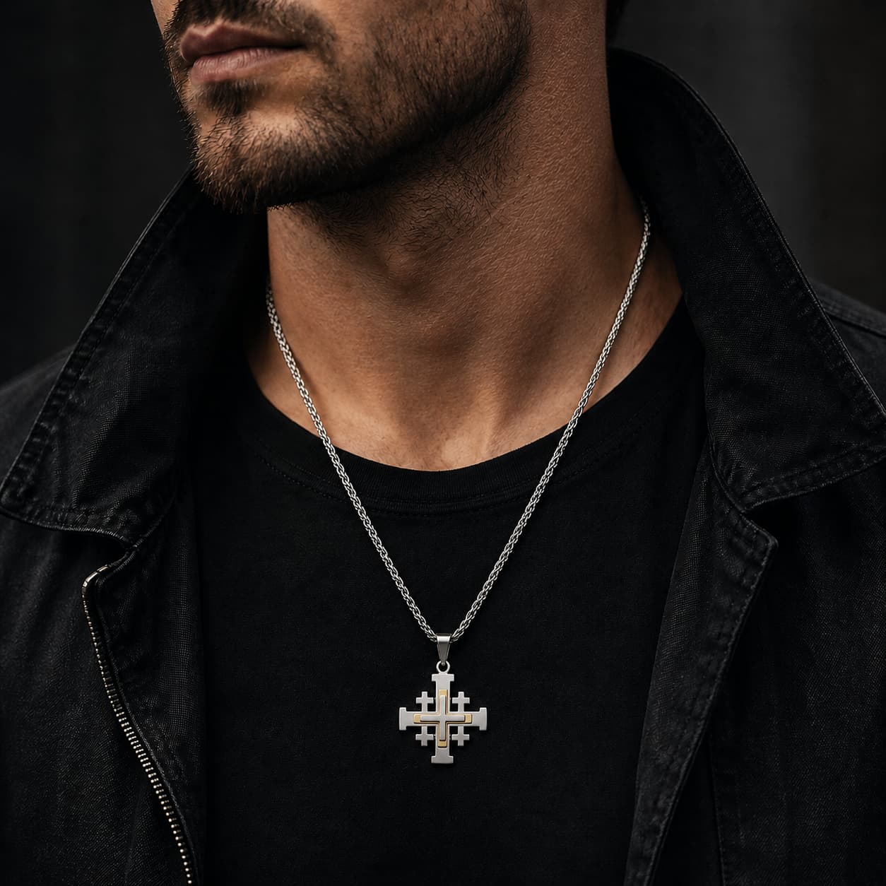 Homme portant le Collier de l’Ordre du Saint Sépulcre en acier inoxydable avec veste noire et croix argentée dorée