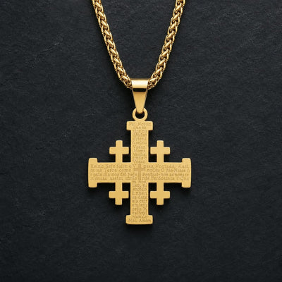 Variante dorée du Collier de l’Ordre du Saint Sépulcre en acier inoxydable sur fond anthracite texturé