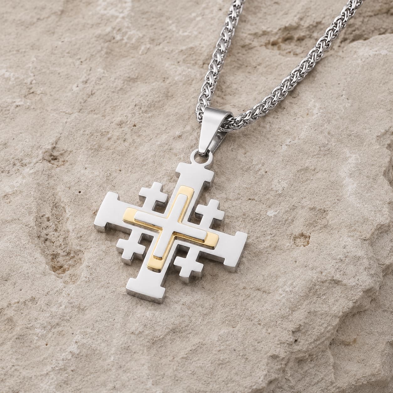 Vue angle du Collier de l’Ordre du Saint Sépulcre en acier inoxydable avec croix argentée et dorée sur pierre médiévale claire