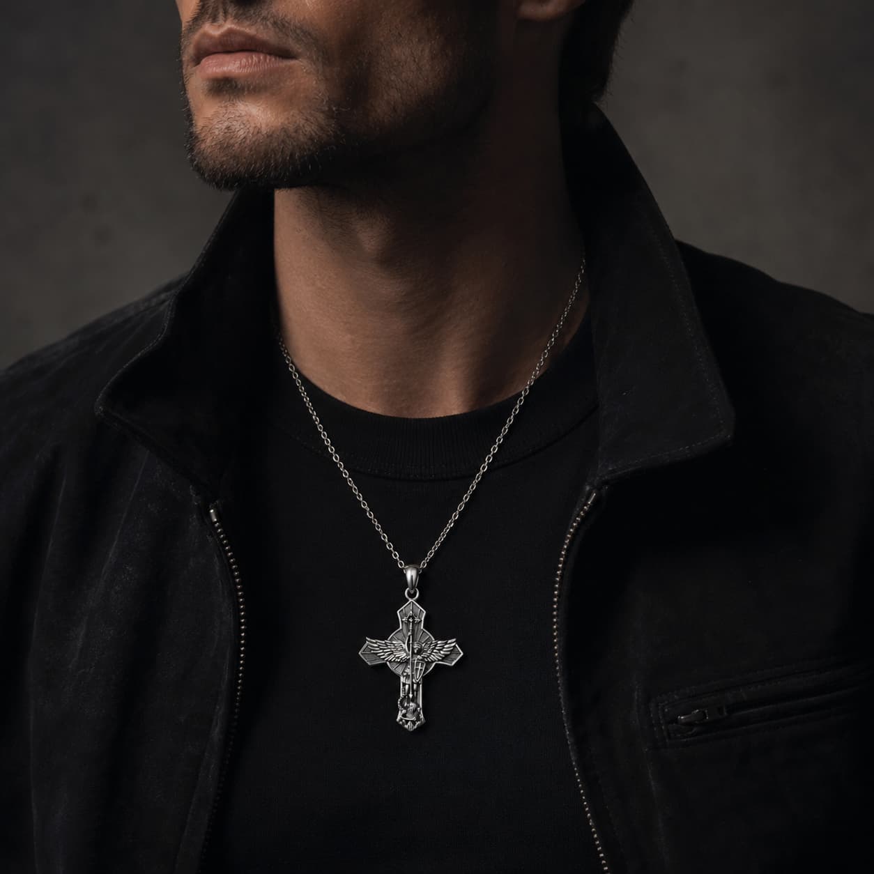 Homme portant le Collier Protection de Saint Michel en argent 925 sterling avec tenue noire et veste sombre