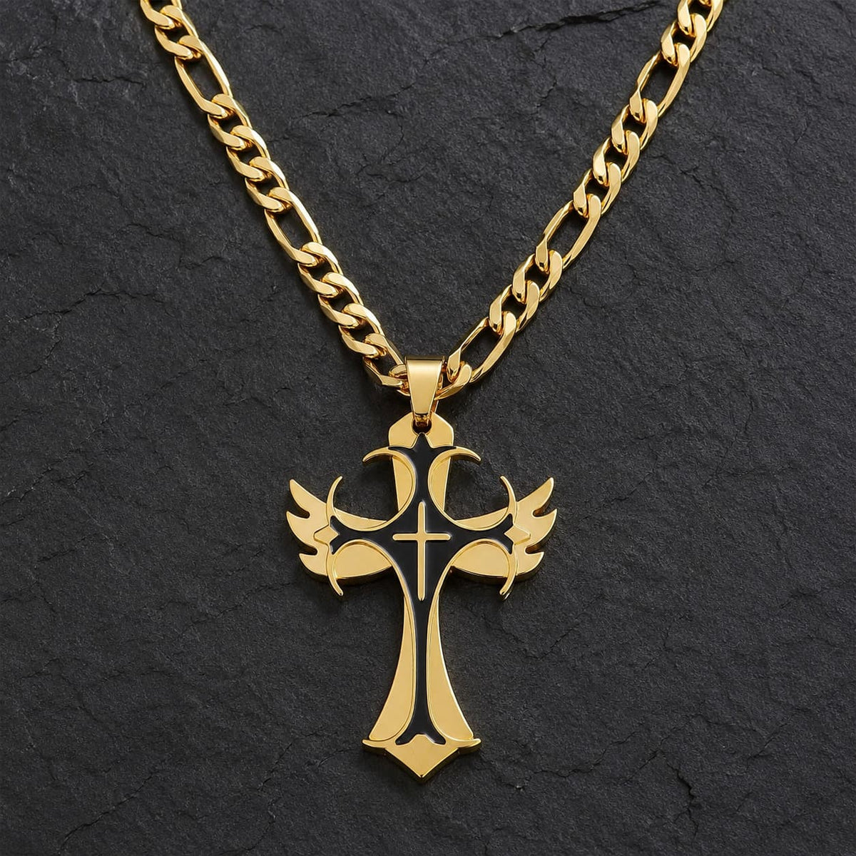 Collier Protection des Croisés en acier inoxydable doré et noir sur fond anthracite