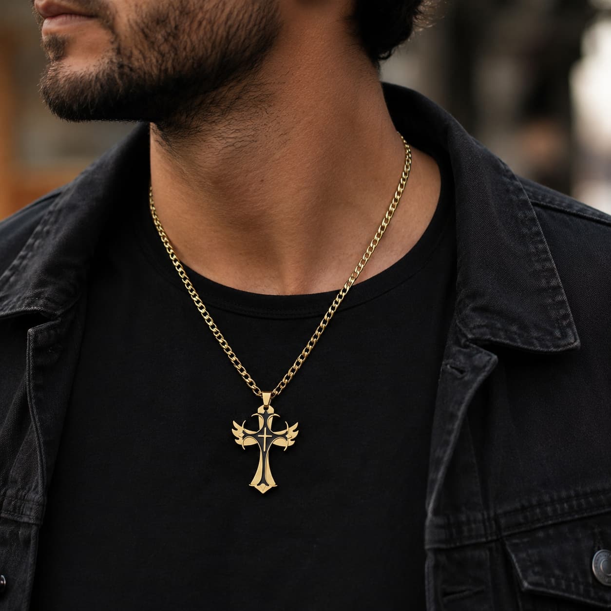 Collier Protection des Croisés porté par un homme avec tenue noire et veste sombre