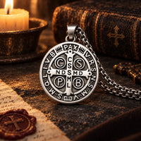Collier de la Protection de Saint Benoît dans une ambiance sacrée avec bougie et livre ancien
