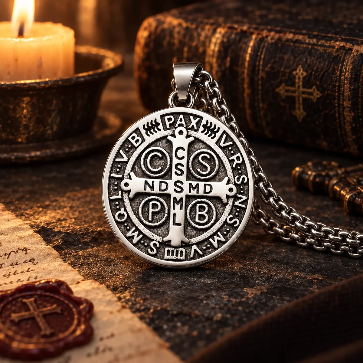 Collier de la Protection de Saint Benoît dans une ambiance sacrée avec bougie et livre ancien