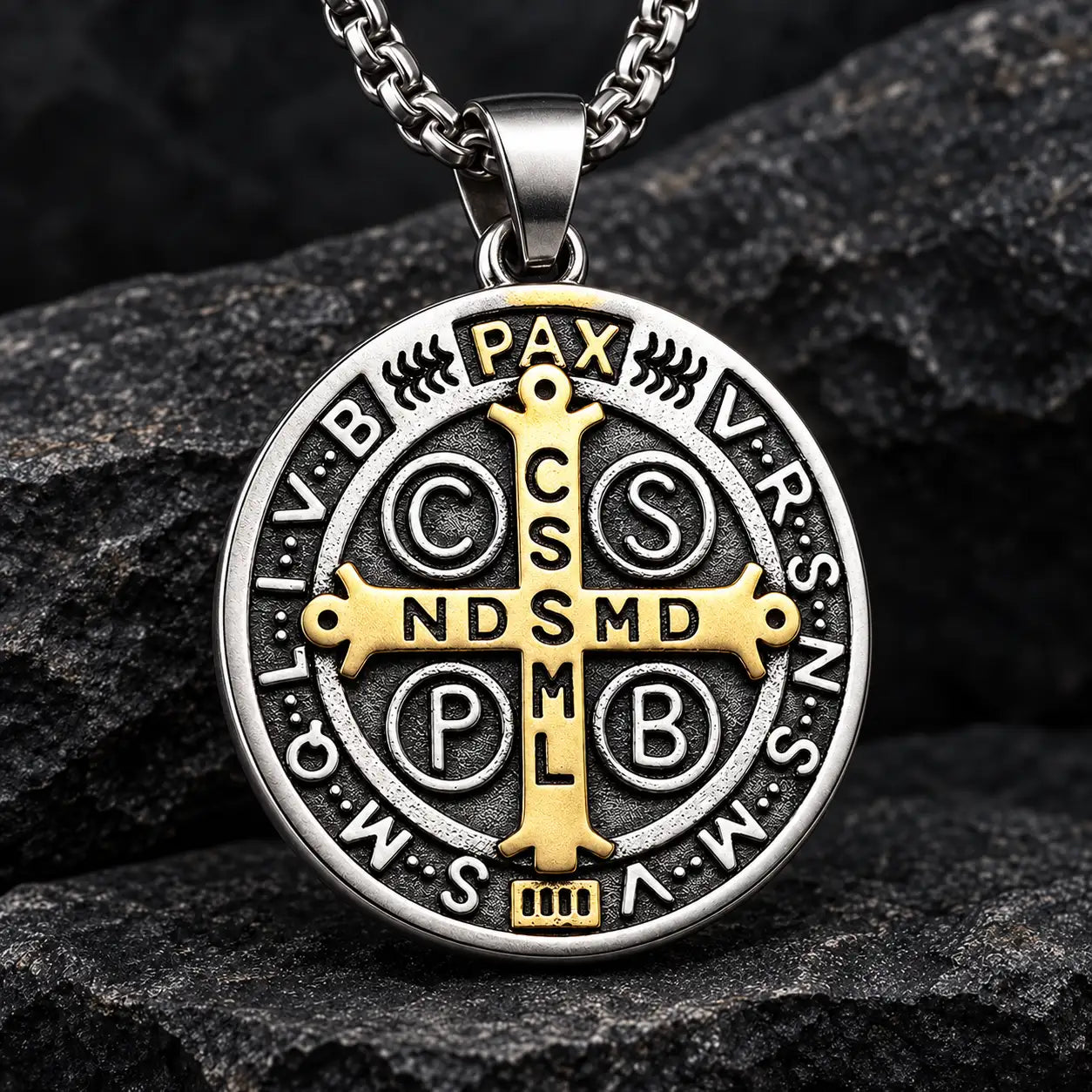 Collier de la Protection de Saint Benoît finition argent vieilli et croix dorée