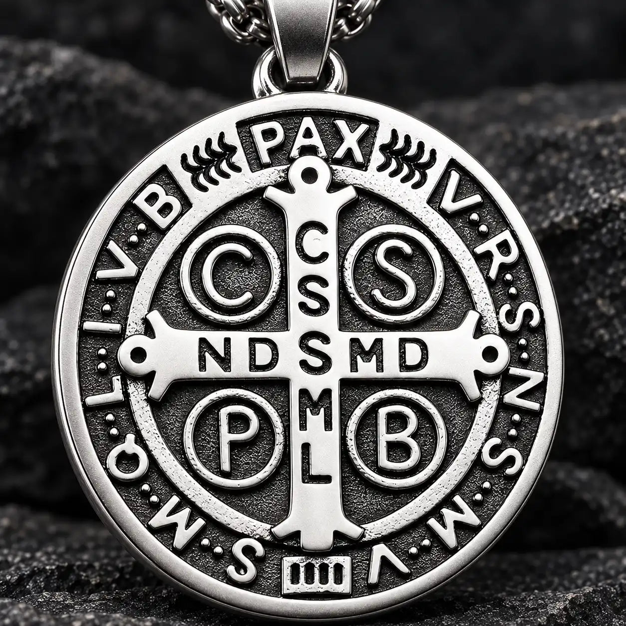 Gros plan sur la Médaille de Saint Benoît et sa croix gravée en acier inoxydable