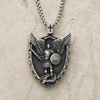 Collier Puissance de Saint Michel en acier inoxydable avec pendentif archange sur pierre médiévale claire