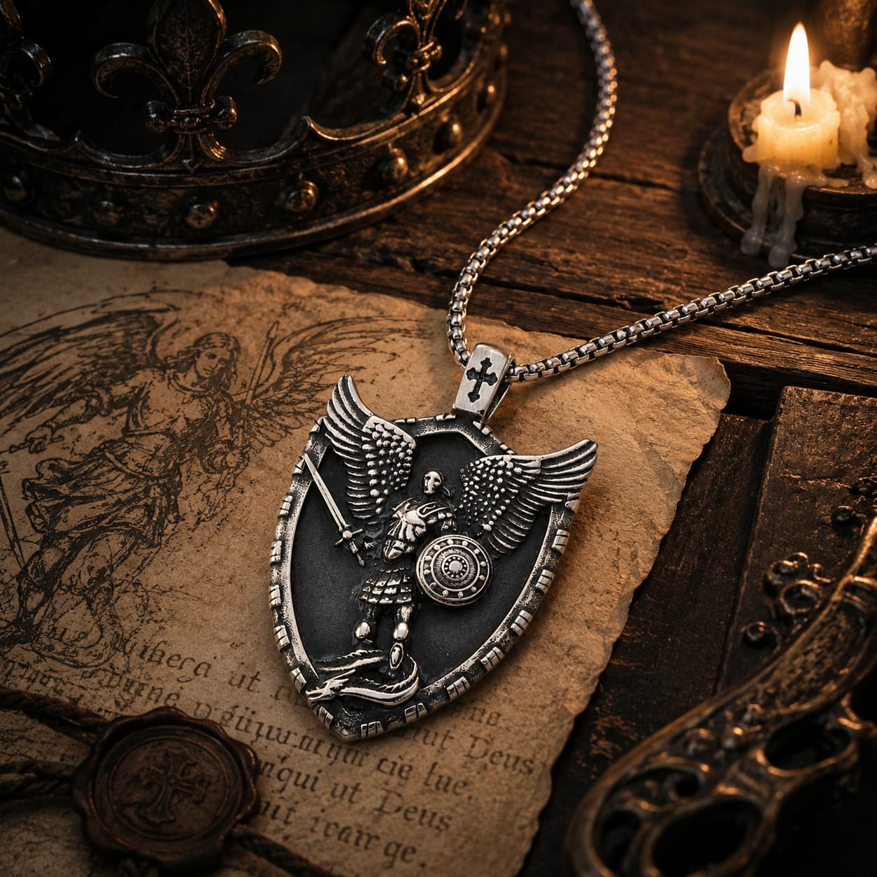 Collier Puissance de Saint Michel présenté dans un décor médiéval avec bois ancien et parchemin