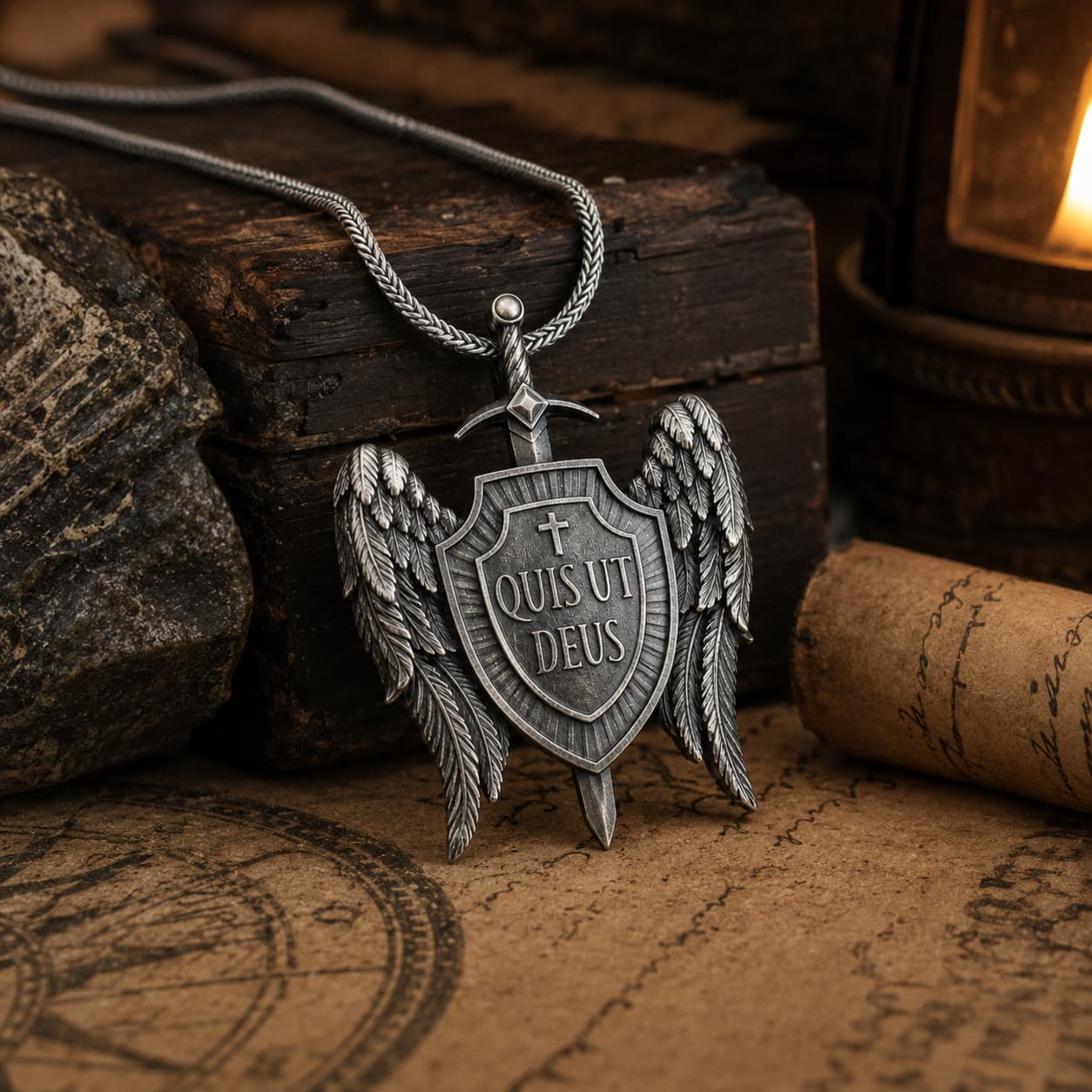 Collier Quis Ut Deus en acier inoxydable présenté dans une ambiance médiévale avec bois ancien et parchemin.