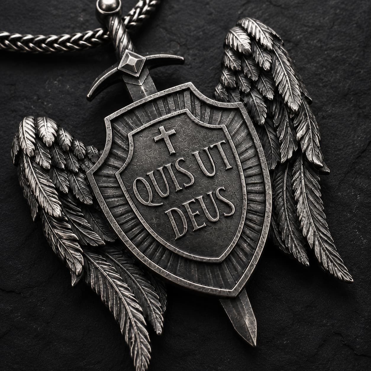 Gros plan du pendentif Quis Ut Deus en acier inoxydable avec bouclier, ailes et épée sur fond anthracite.