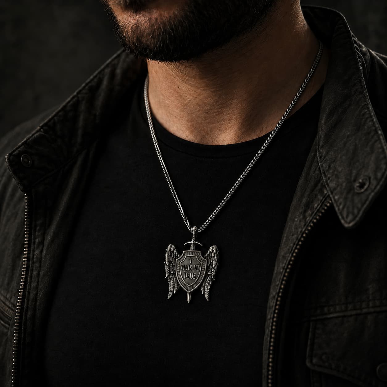 Homme portant le Collier Quis Ut Deus en acier inoxydable avec tenue noire et veste sombre.
