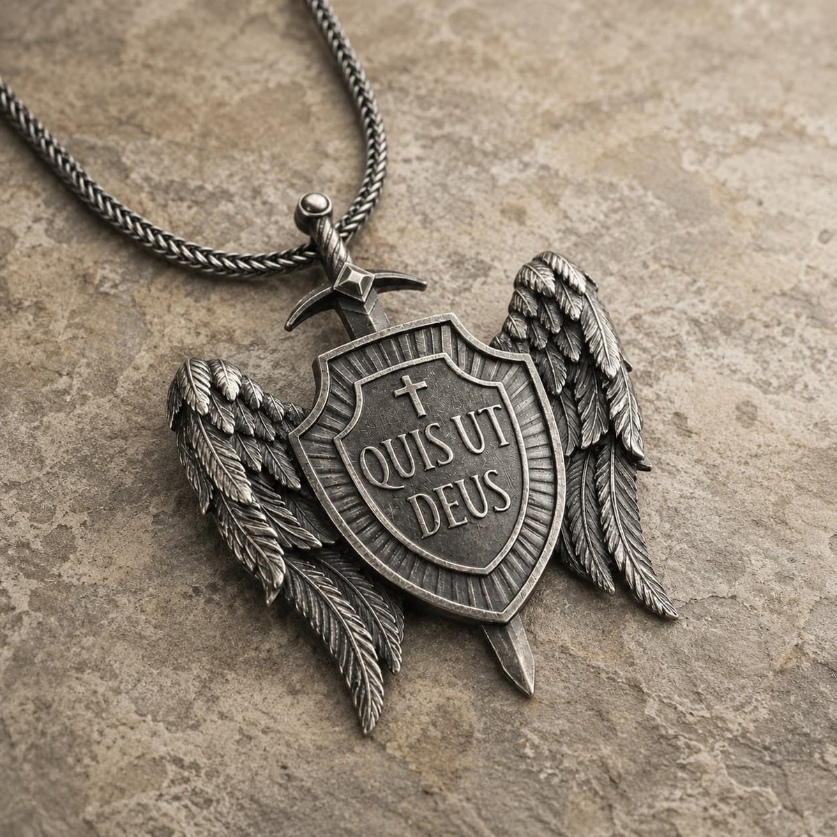 Vue angle 3/4 du Collier Quis Ut Deus en acier inoxydable sur fond pierre médiévale claire.