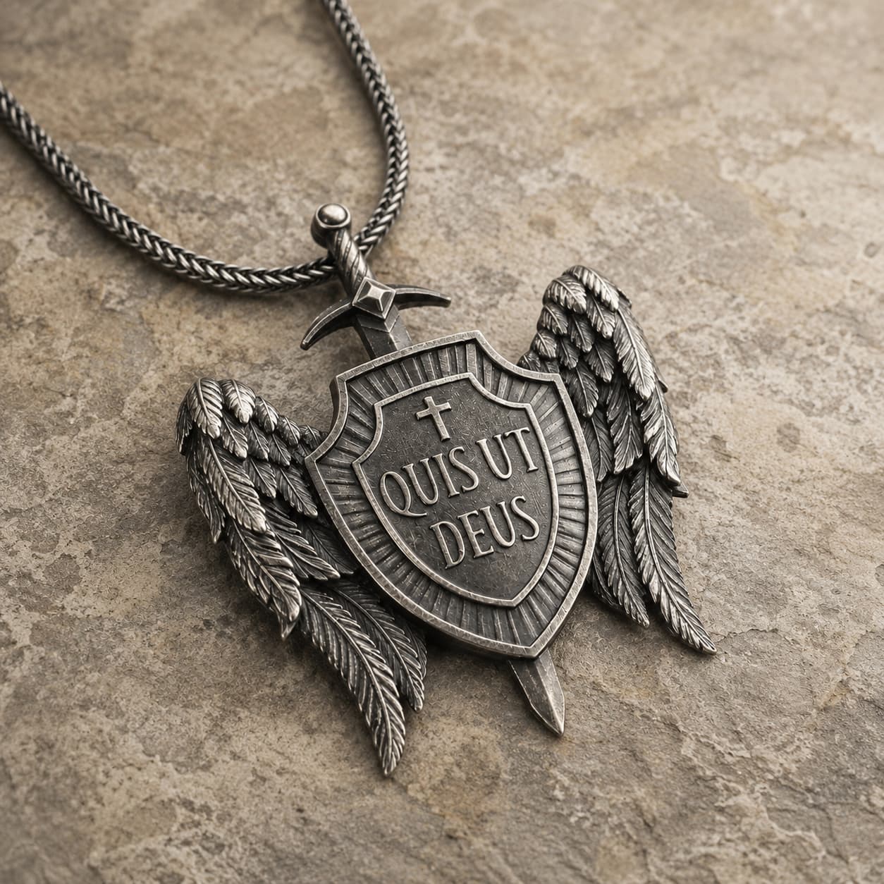 Vue angle 3/4 du Collier Quis Ut Deus en acier inoxydable sur fond pierre médiévale claire.