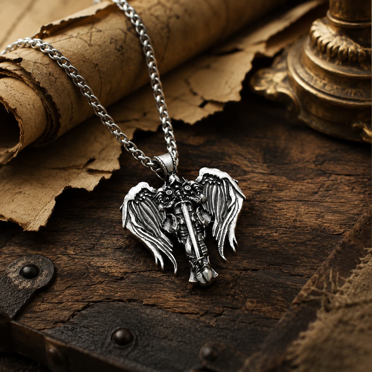Collier Sacré de l'Archange en acier inoxydable dans un décor médiéval premium