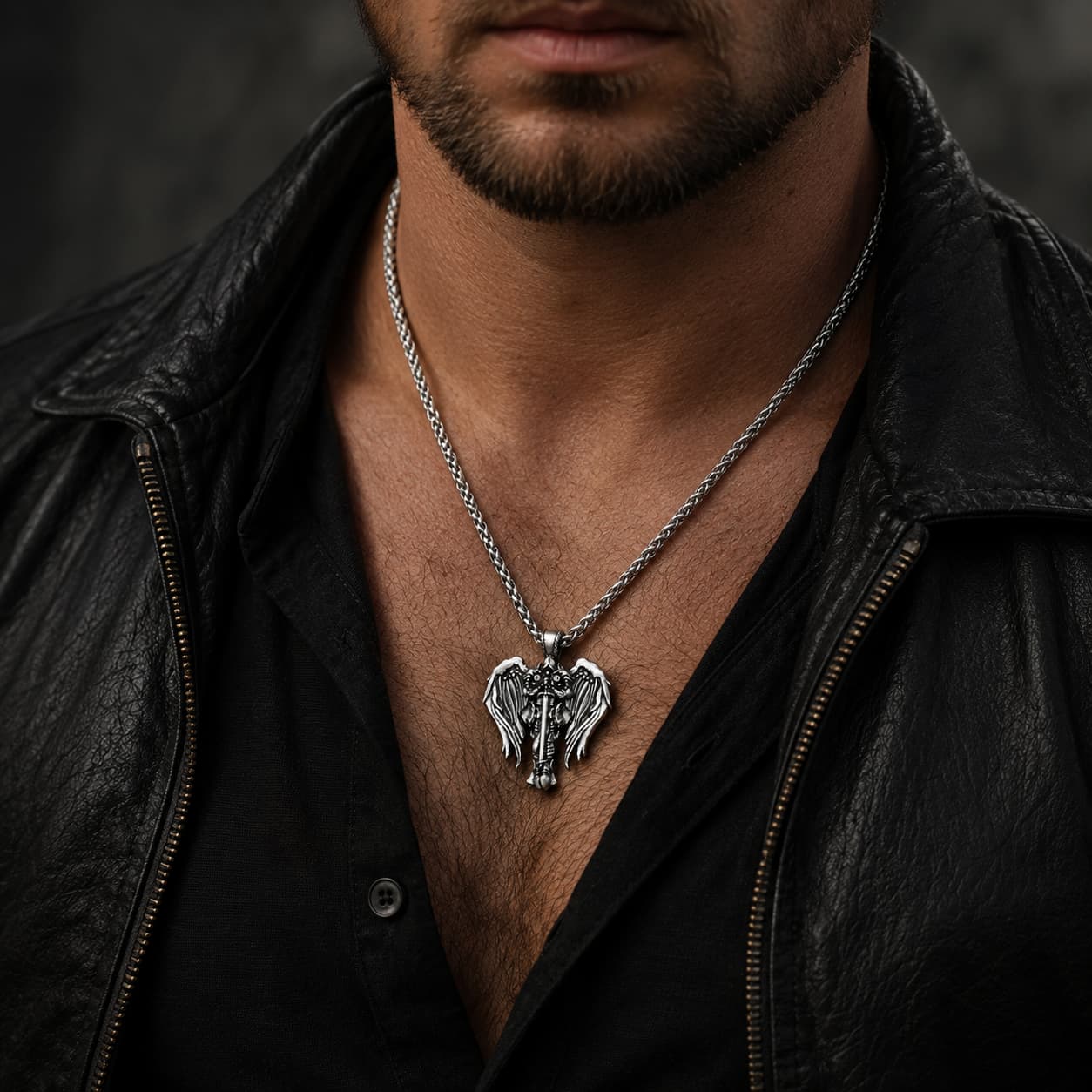Collier Sacré de l'Archange porté par un homme avec tenue noire