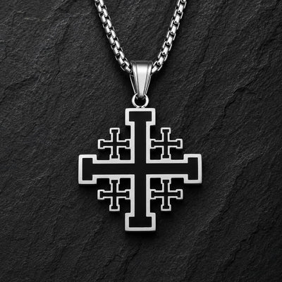 Collier Sacré de l’Ordre de Jérusalem en acier inoxydable argenté et noir sur fond anthracite
