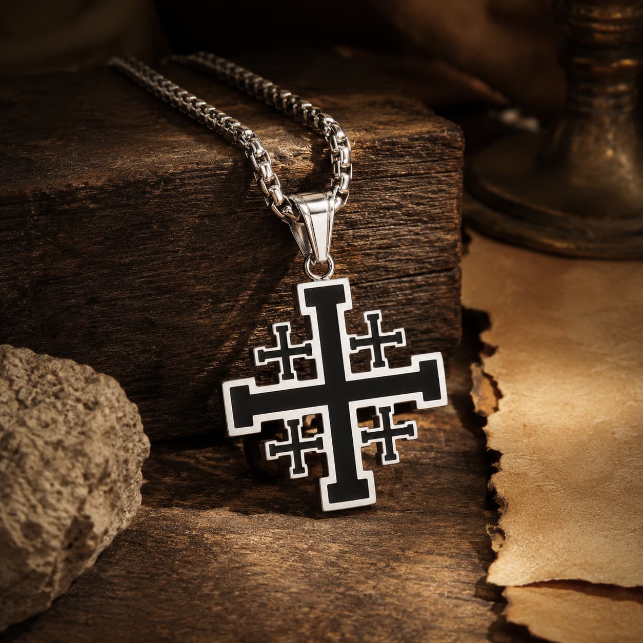 Collier Sacré de l’Ordre de Jérusalem dans un décor médiéval avec bois ancien et parchemin