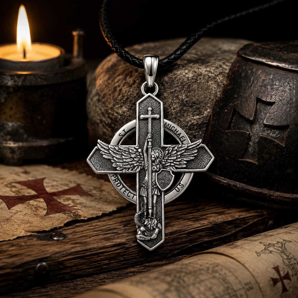 Collier Sacré de Saint Michel en argent 925 sterling dans un décor médiéval avec bois ancien et parchemin