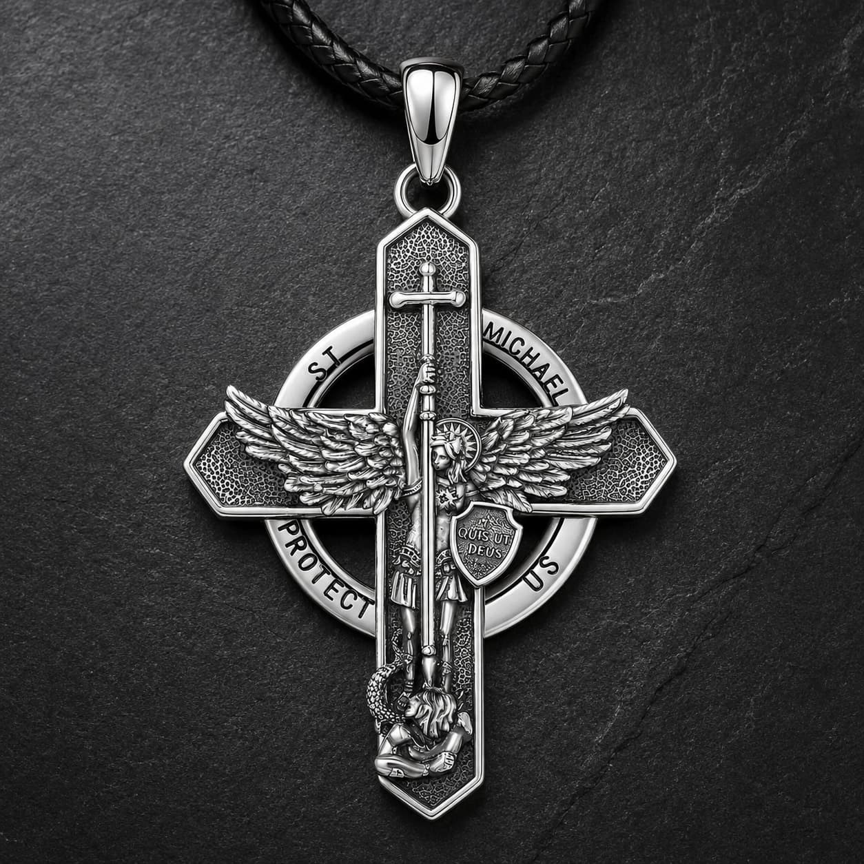 Collier Sacré de Saint Michel en argent 925 sterling sur fond anthracite texturé
