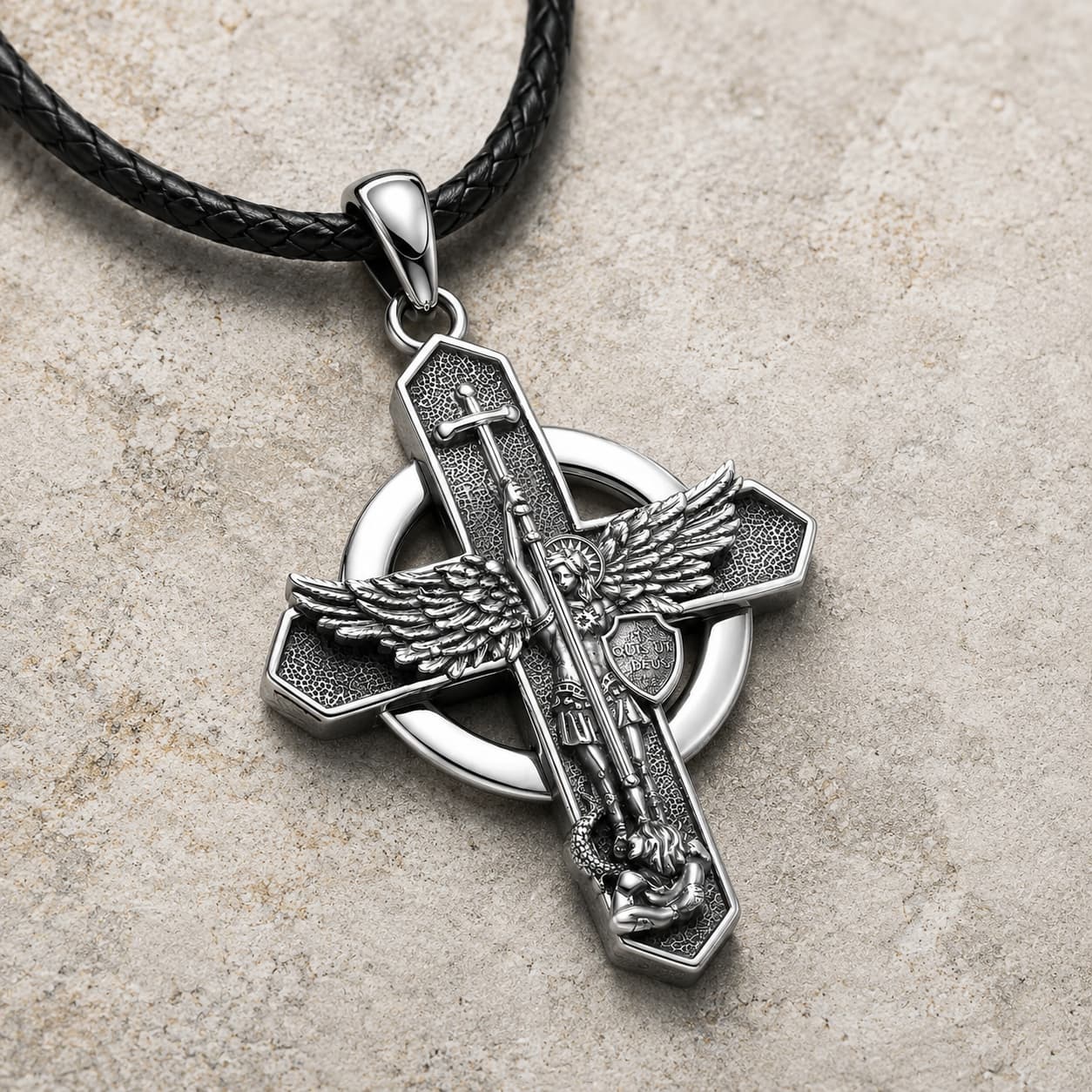 Collier Sacré de Saint Michel en argent 925 sterling présenté en angle sur pierre médiévale claire