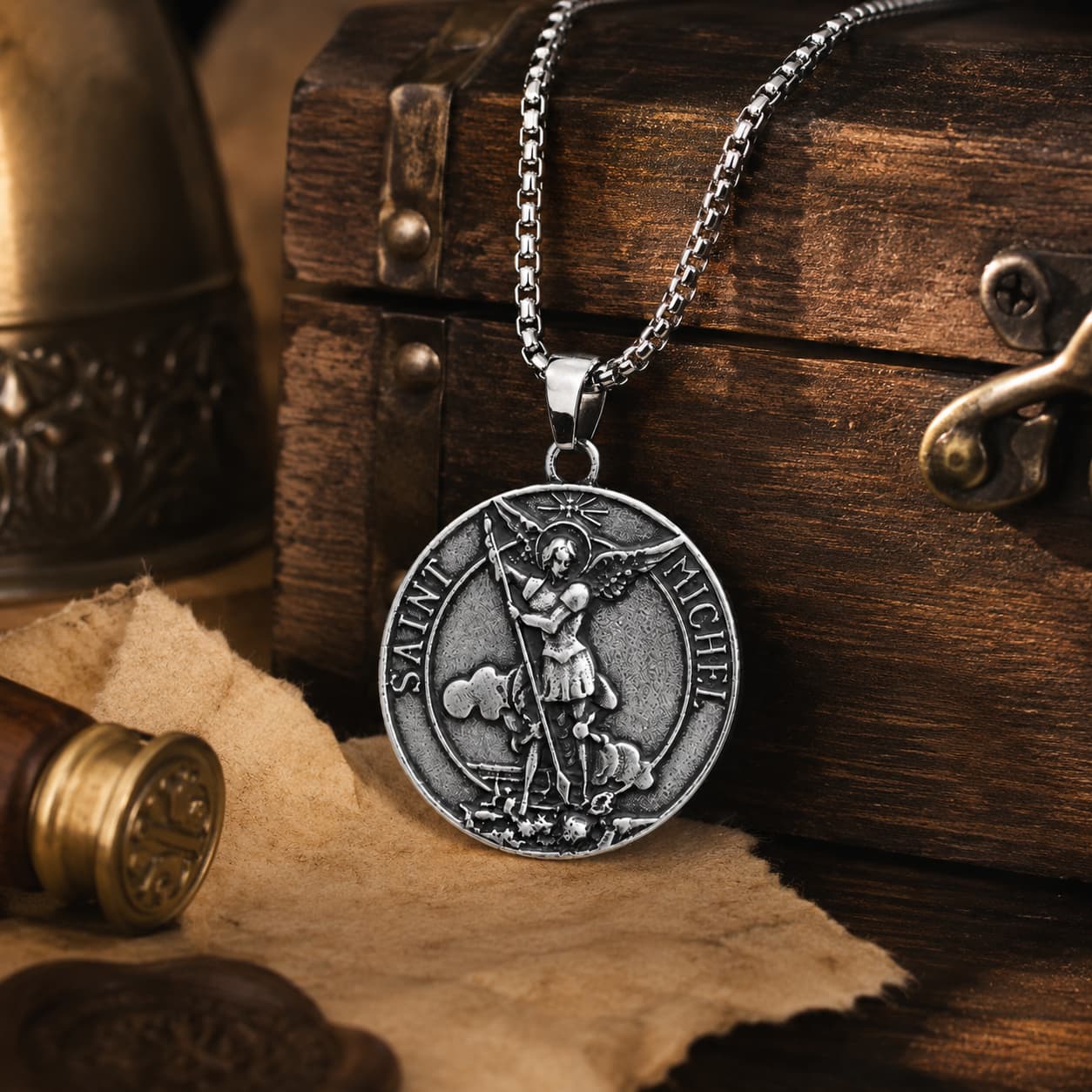 Collier de Saint Michel Protecteur en acier inoxydable dans un décor médiéval premium avec bois ancien parchemin et lumière chaude
