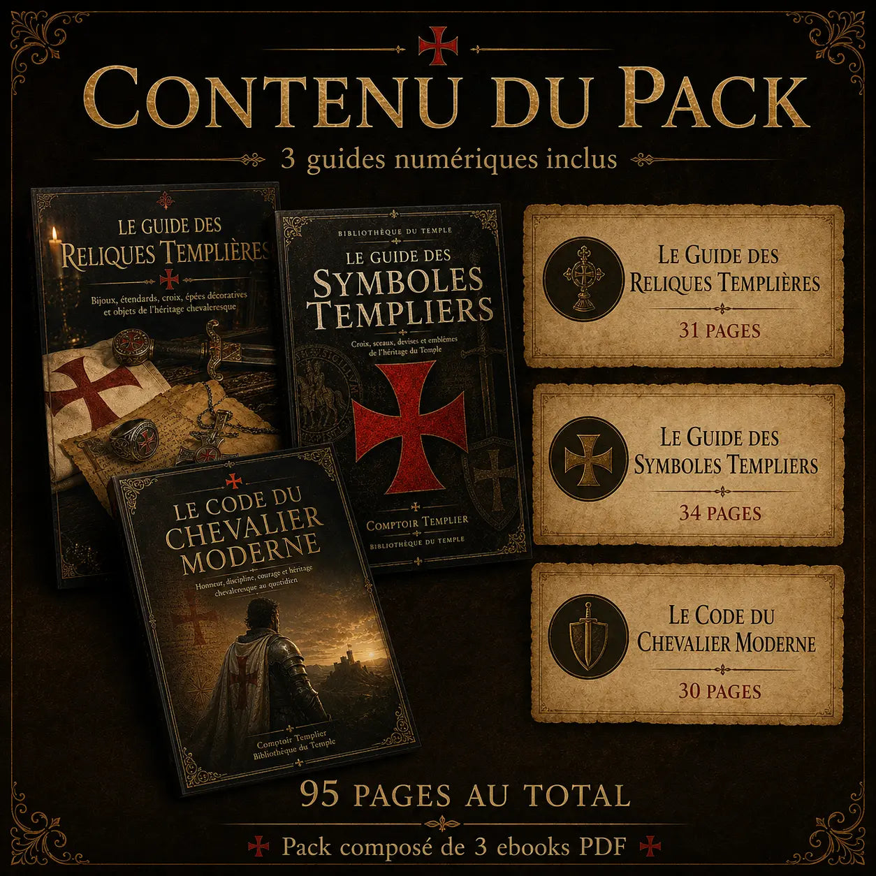 Contenu du pack 3 ebooks templiers avec Reliques Templières Symboles Templiers et Code du Chevalier Moderne 95 pages