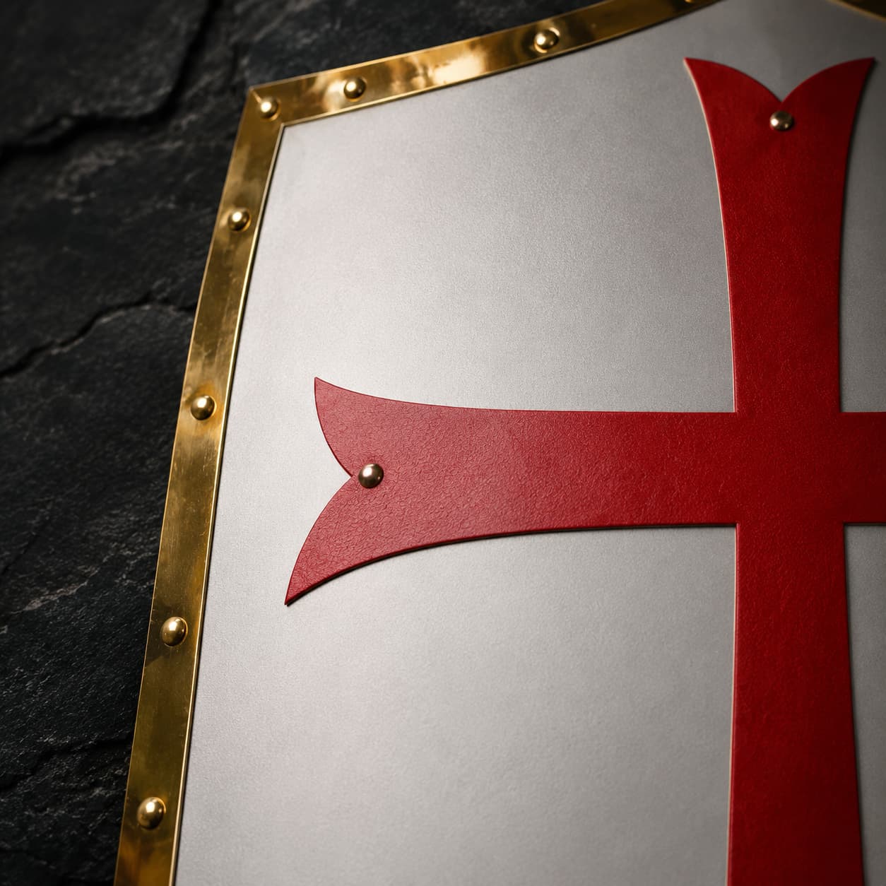 Détail du bouclier templier avec croix rouge rivets et contour en laiton
