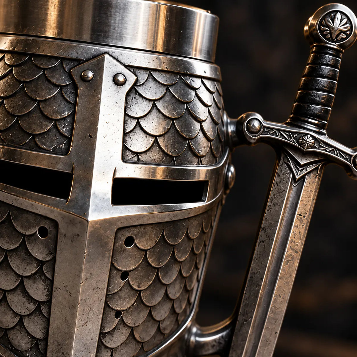 Gros plan sur les détails de la chope casque de chevalier croisé avec écailles et poignée épée