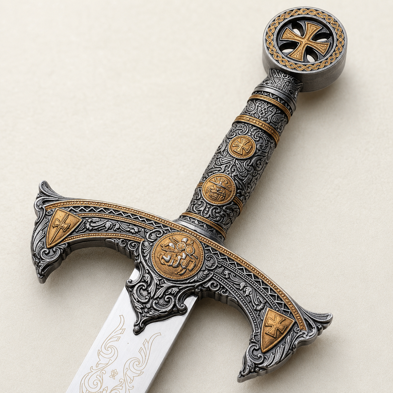 Détail de la poignée ornée de l’Épée Templière Décorative du Serment Sacré