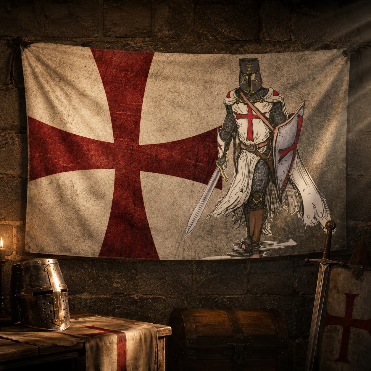 Drapeau de l'Annoncement Templier en polyester haute qualité dans une ambiance médiévale avec casque, épée et coffre ancien.
