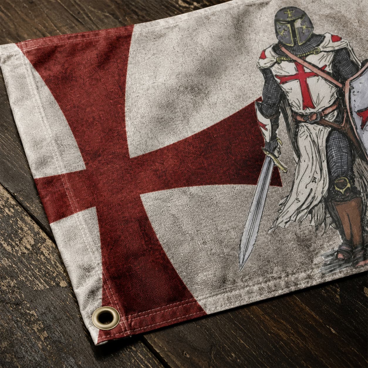 Détail de l'œillet, de la couture et du tissu du Drapeau de l'Annoncement Templier en polyester haute qualité.