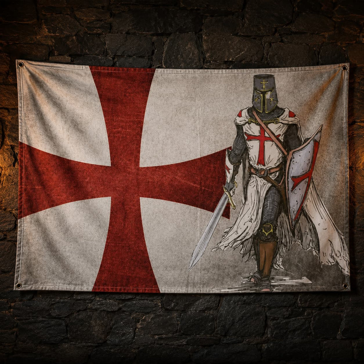 Drapeau de l'Annoncement Templier en polyester haute qualité accroché sur un mur de pierre sombre avec chevalier et croix rouge.
