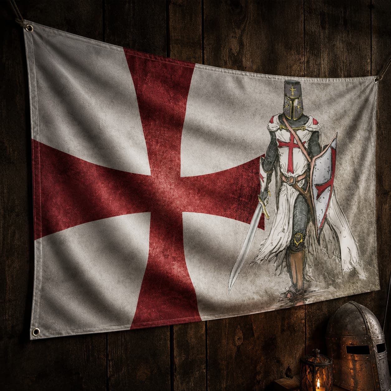 Drapeau de l'Annoncement Templier en polyester haute qualité présenté sur bois ancien avec tissu légèrement drapé.