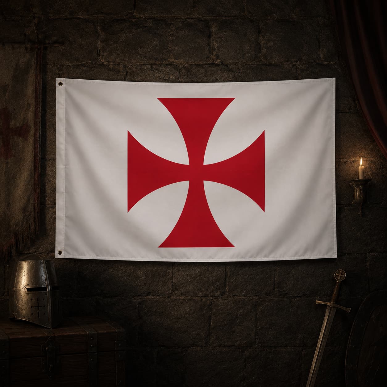 Drapeau blanc à croix pattée rouge en polyester dans une ambiance médiévale avec casque, épée et pierre sombre.