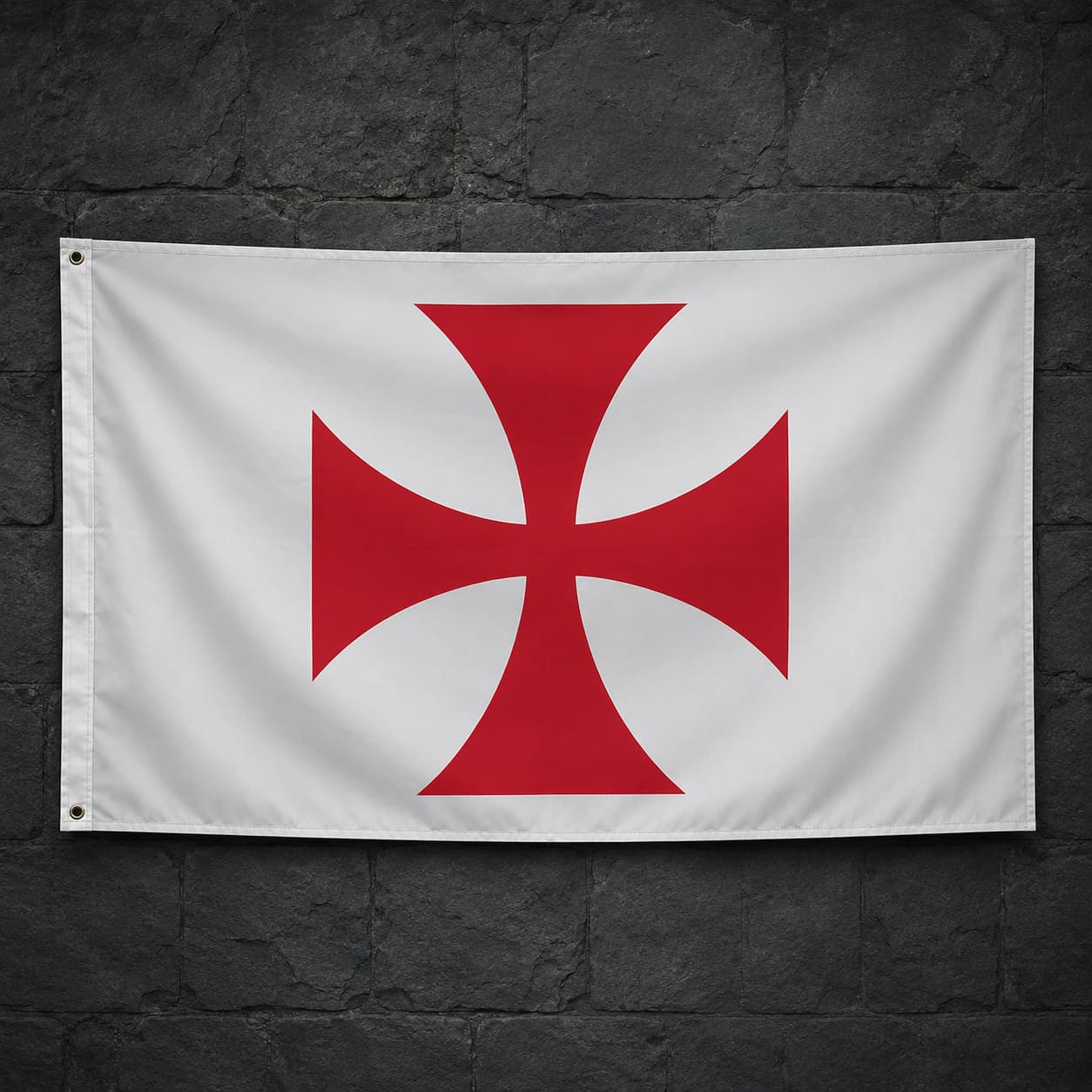 Drapeau blanc à croix pattée rouge en polyester accroché sur un mur de pierre sombre médiéval.