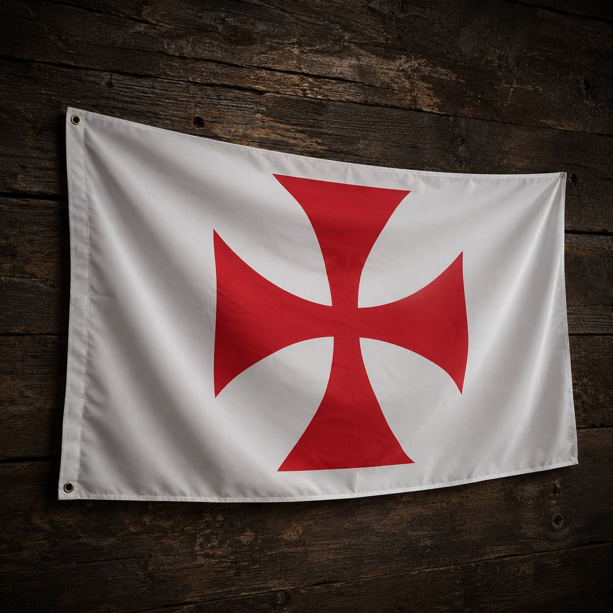 Drapeau blanc à croix pattée rouge en polyester suspendu sur un fond de bois ancien sombre.