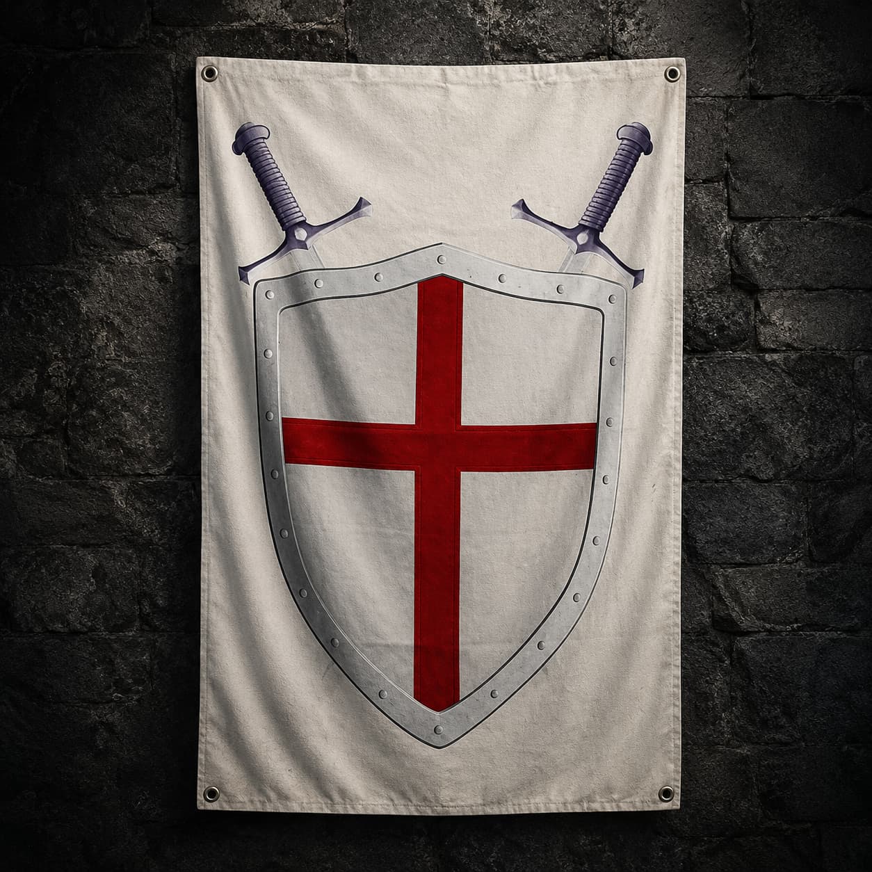 Drapeau du Chevalier Templier en polyester haute qualité accroché sur un mur de pierre médiéval sombre.