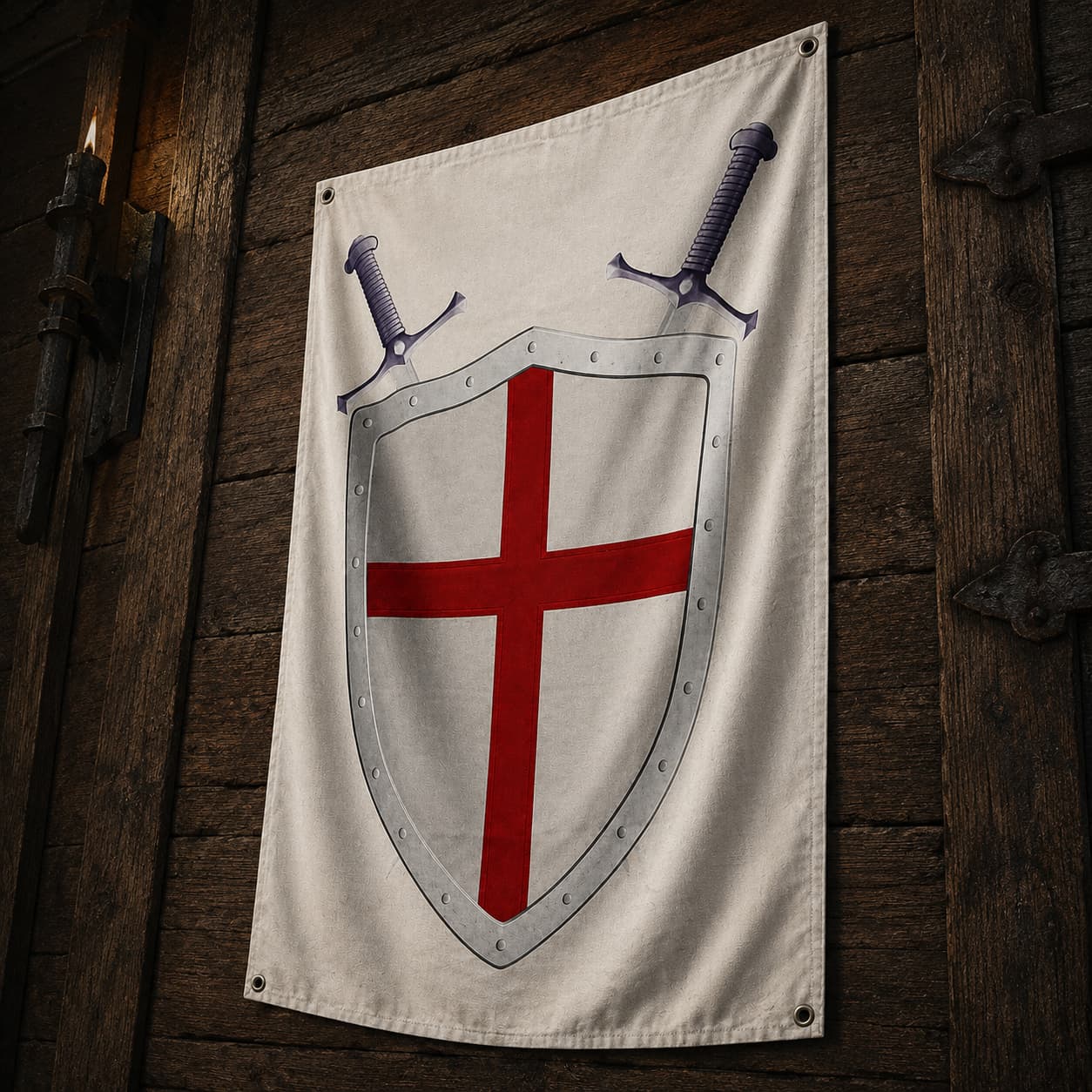 Drapeau du Chevalier Templier en polyester haute qualité présenté en vue inclinée sur un mur en bois ancien sombre.