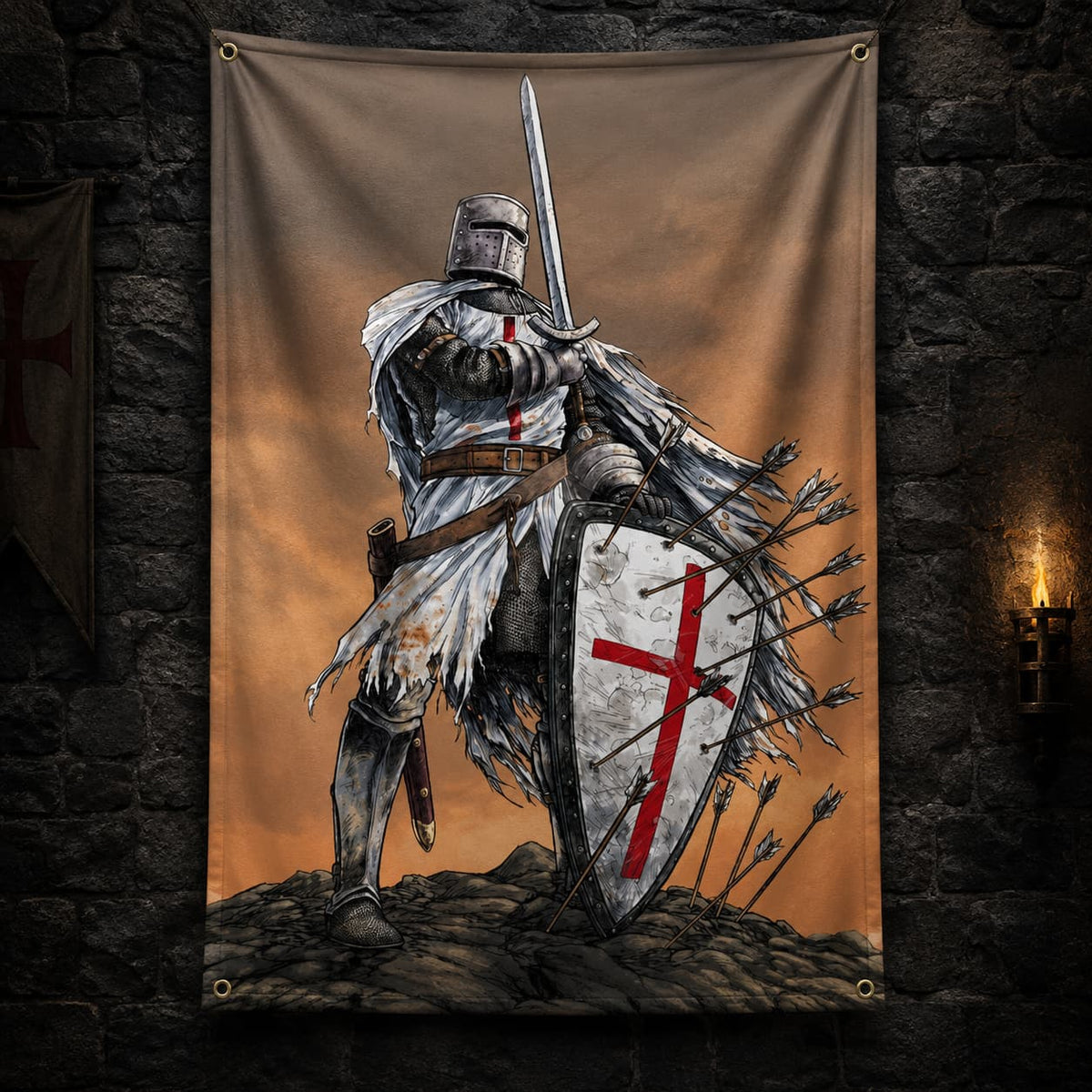 Drapeau de la Bataille en polyester accroché sur un mur de pierre médiéval sombre.