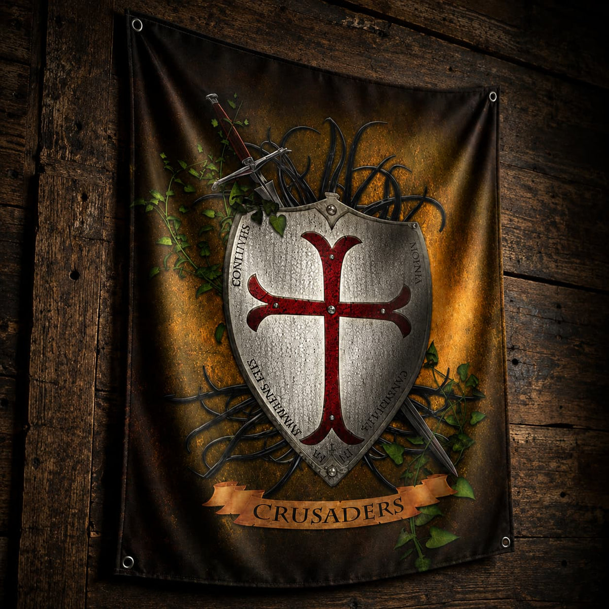 Drapeau du Bouclier Templier en polyester présenté en vue inclinée sur bois ancien sombre avec plis naturels du tissu.
