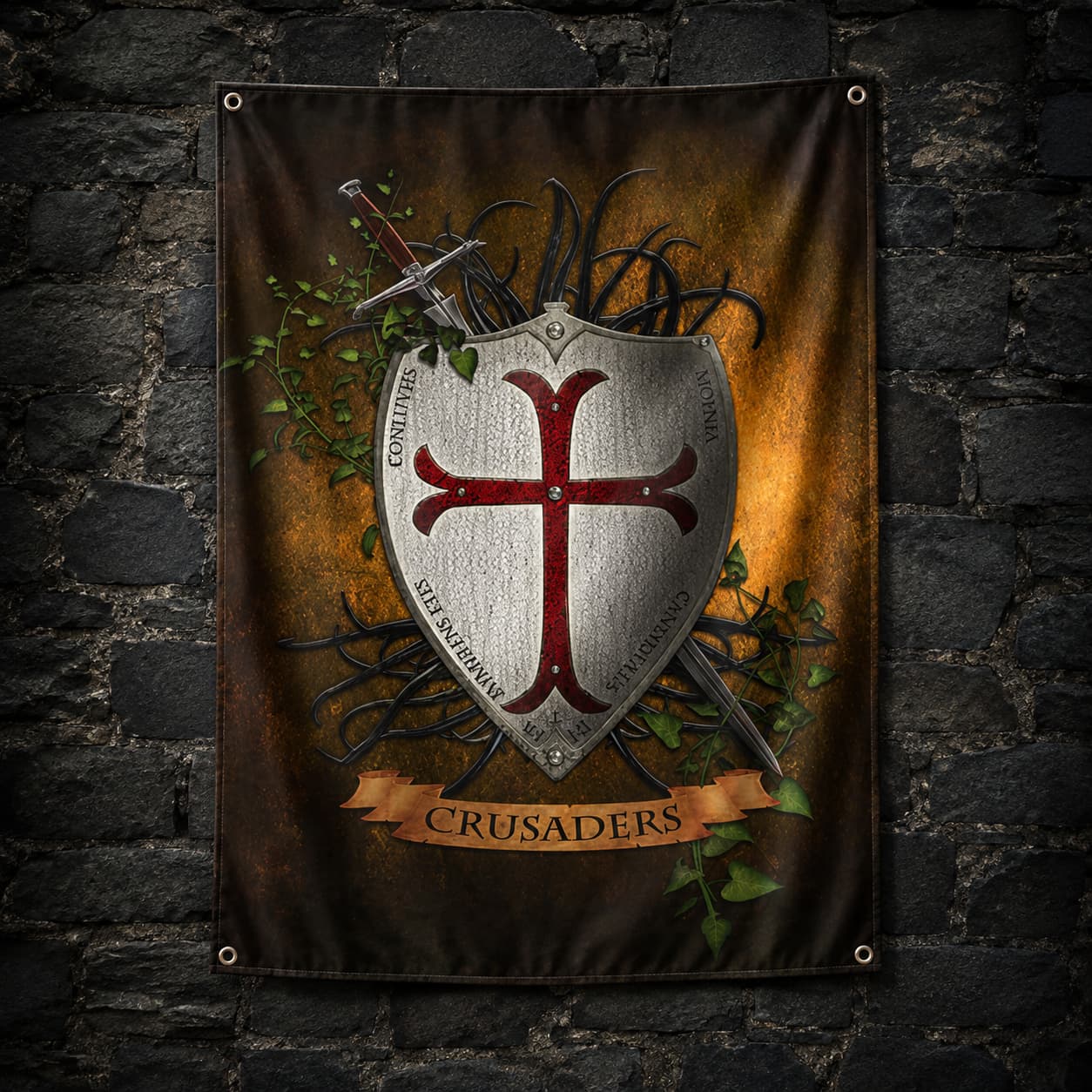 Drapeau du Bouclier Templier en polyester accroché sur un mur de pierre sombre avec bouclier croisé et œillets visibles.