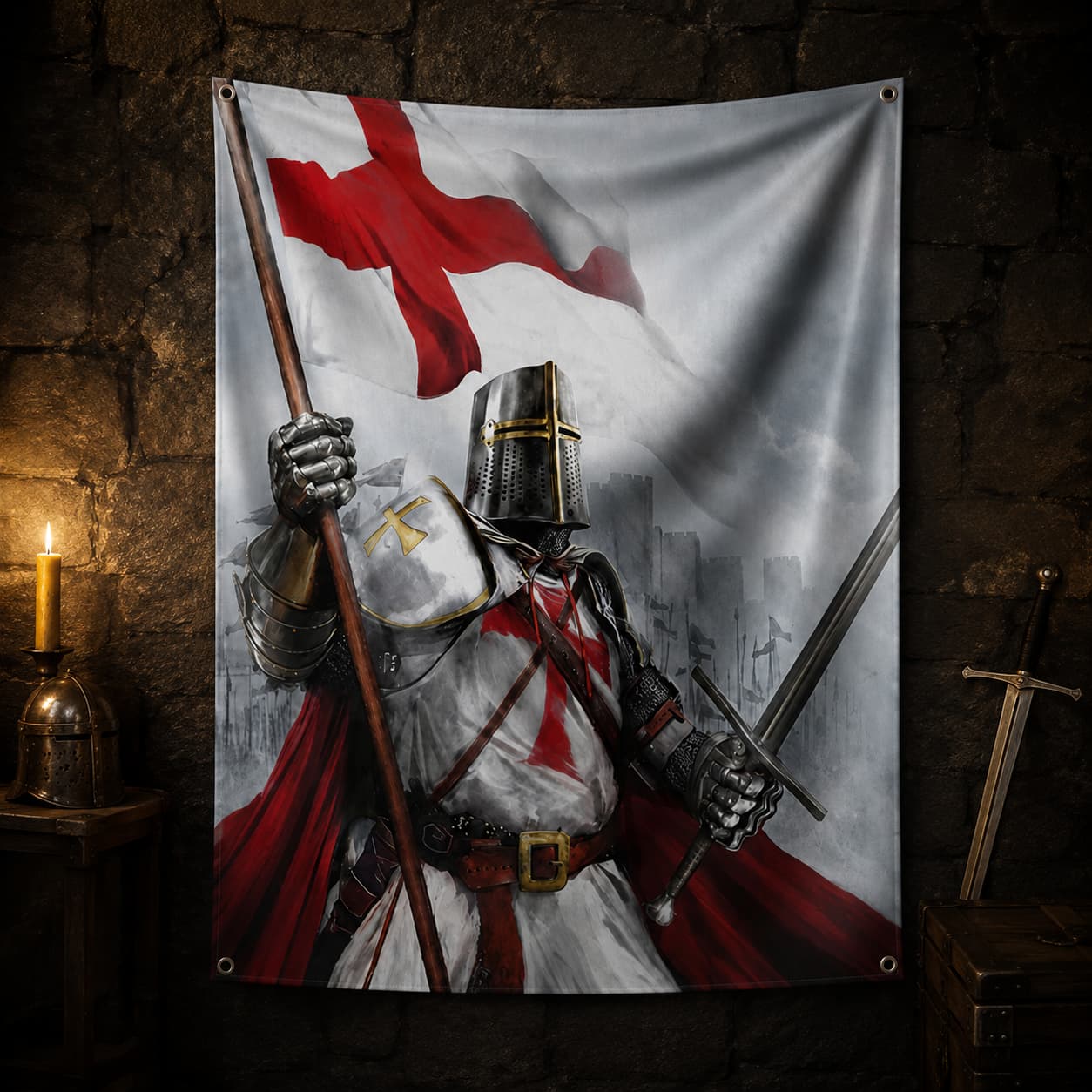 Drapeau Fierté du Templier en polyester dans une ambiance médiévale avec pierre sombre, casque et épée.