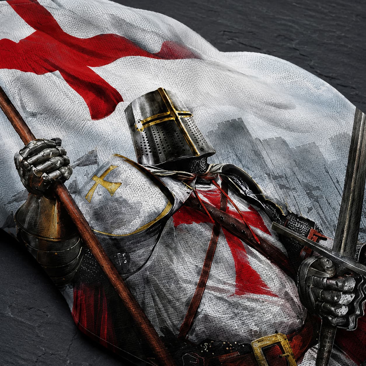 Gros plan sur le chevalier templier imprimé sur le Drapeau Fierté du Templier en polyester.