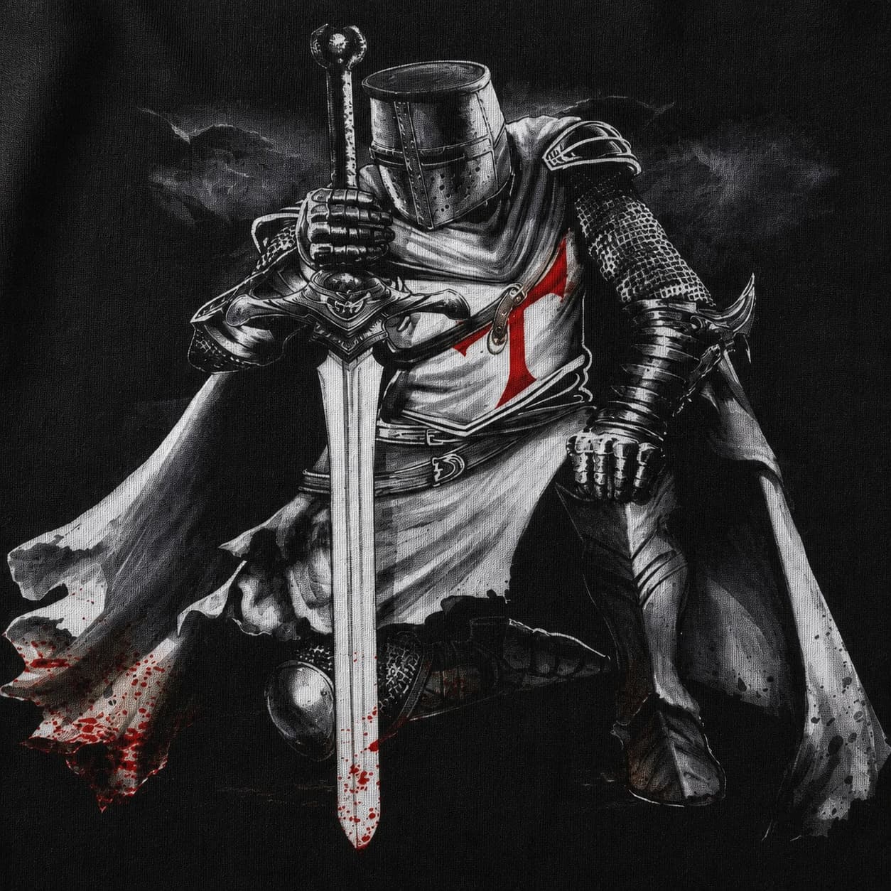 Gros plan sur le chevalier en prière imprimé sur le Drapeau Prière de Templier en polyester haute qualité.