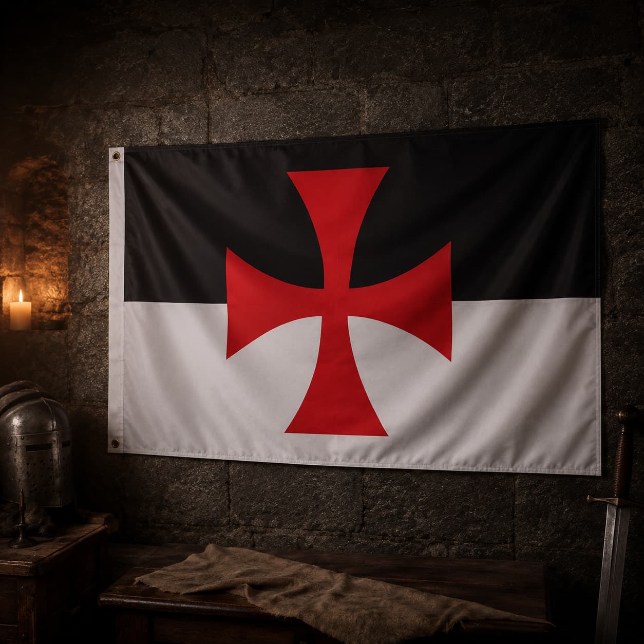 Drapeau Templier Croix Pattée en polyester dans une ambiance médiévale avec mur de pierre et décor de chevalier.