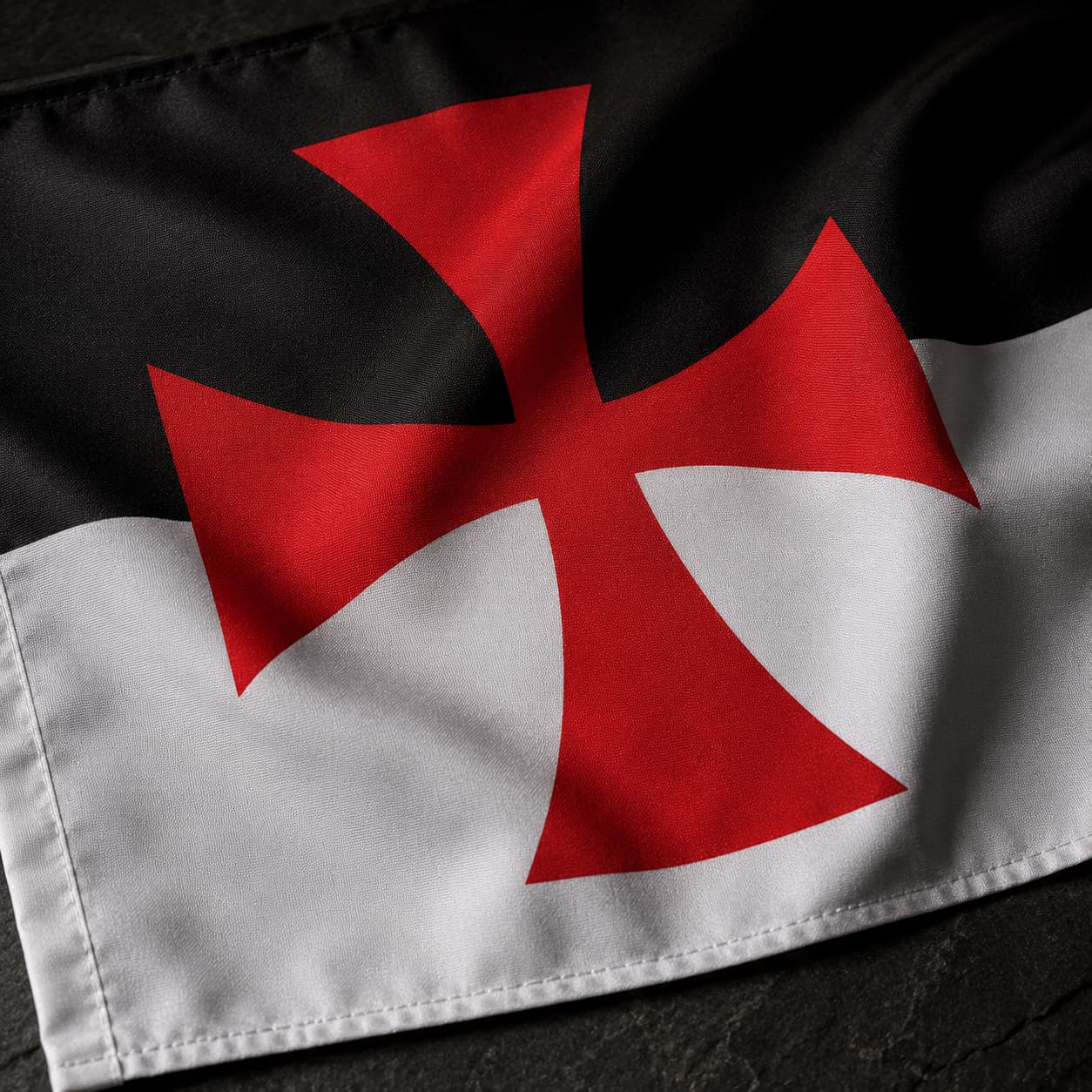 Gros plan sur la croix rouge et la texture du tissu du Drapeau Templier Croix Pattée en polyester.