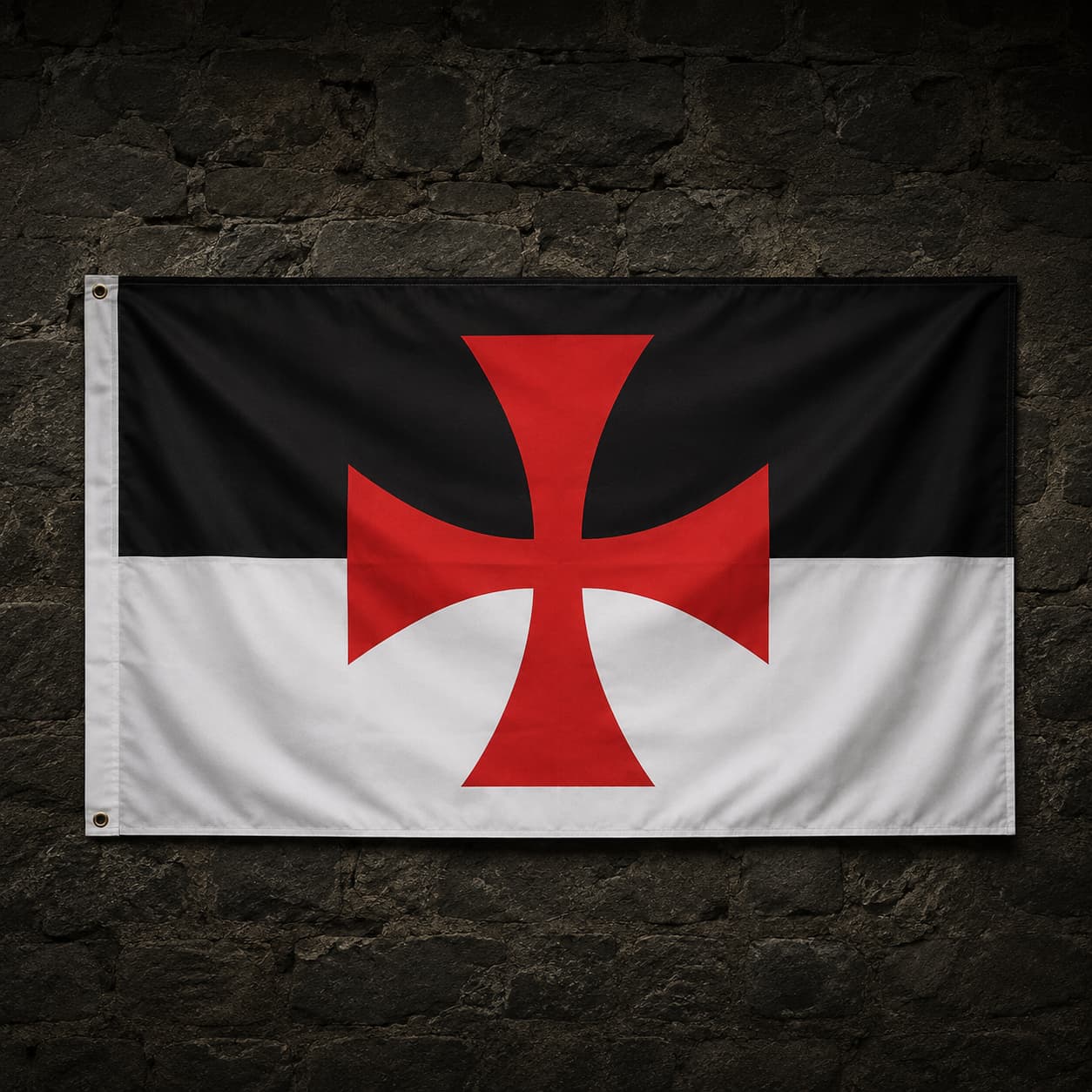 Drapeau Templier Croix Pattée en polyester accroché sur un mur de pierre médiéval sombre.