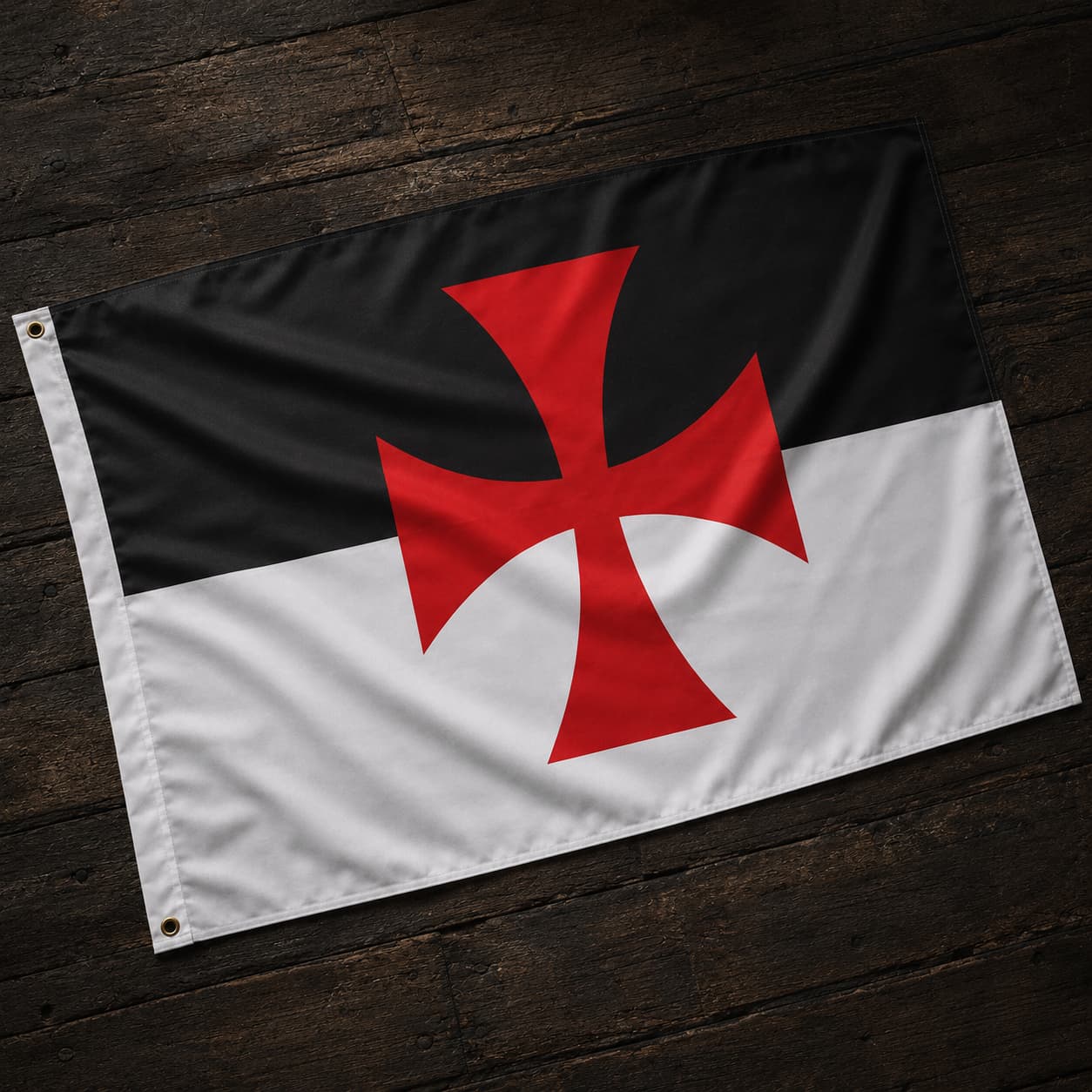 Drapeau Templier Croix Pattée en polyester présenté en vue inclinée sur un fond en bois ancien sombre.